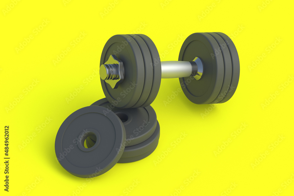 Dumbbell with heavy plates. Sports equipment. 3d render Dumbbell with heavy plates. Sports equipment. 3d render