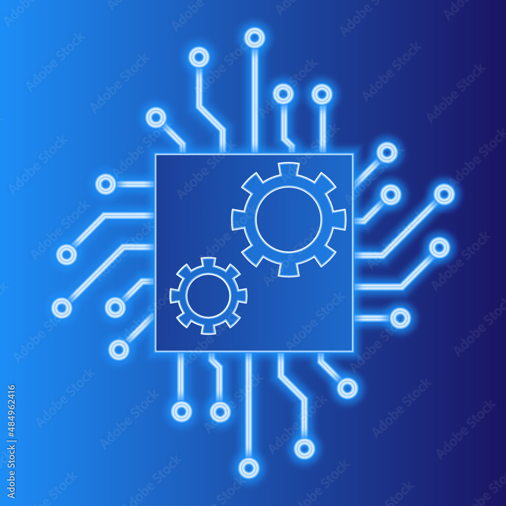 Microcontroller illustration. Microprocessor icon. Electronics. Automation technologies. Neon vector. Gears.