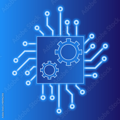 Microcontroller illustration. Microprocessor icon. Electronics. Automation technologies. Neon vector. Gears.