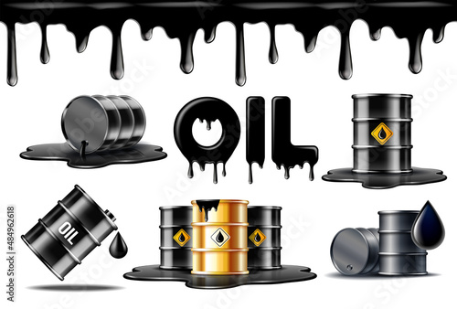 Set of symbols of oil industry. Gold and black barrels with oil drop