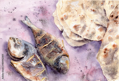 Grilled fish and unleavened flat bread, top view, watercolor