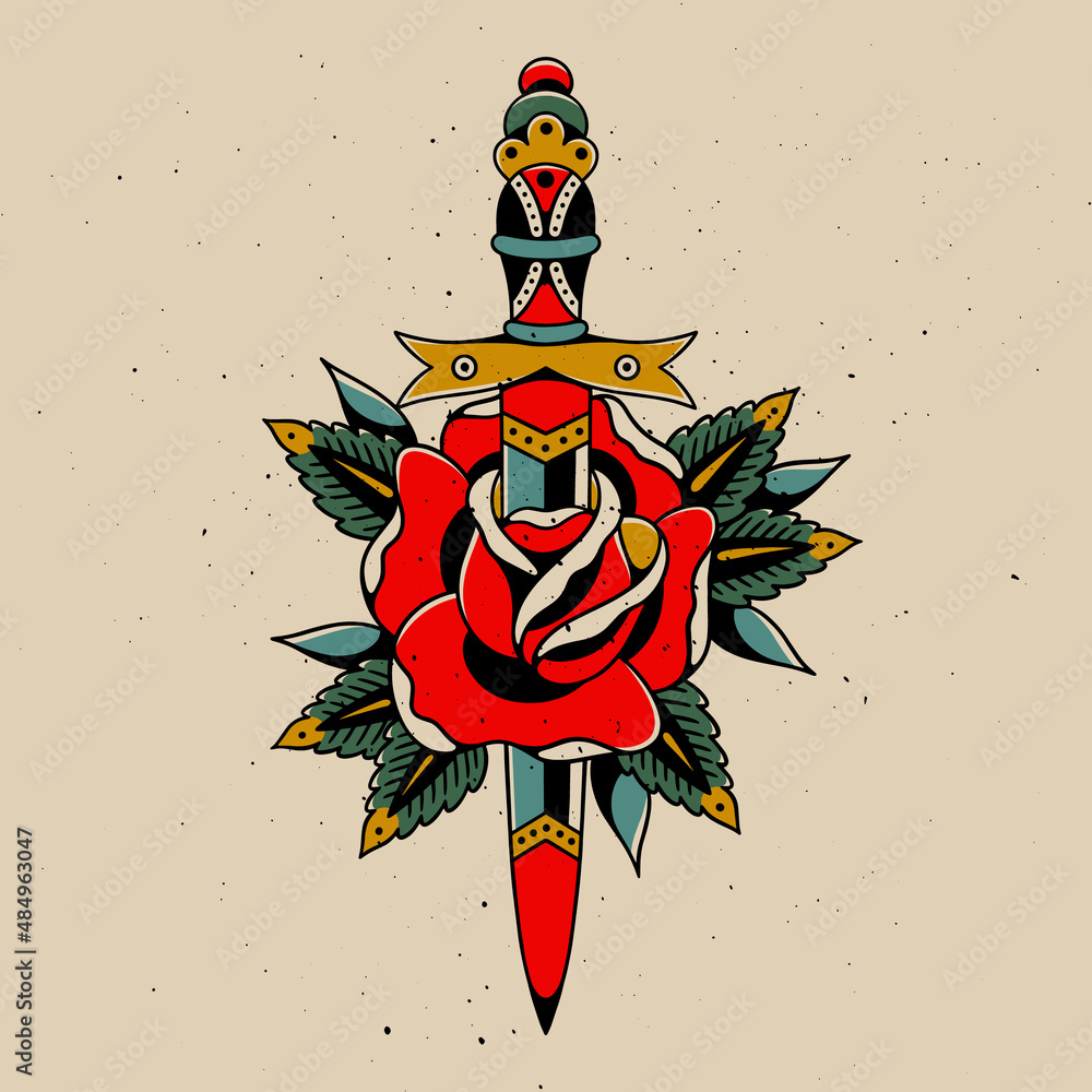Dagger and Rose" traditional tattoo flash. Stock Vector | Adobe Stock
