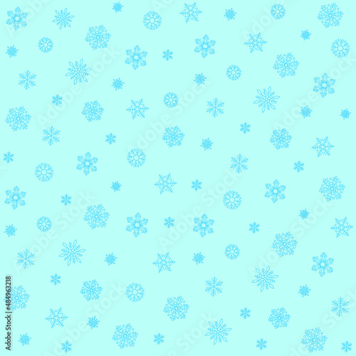 Seamless pattern with snowfall on blue background. Vector illustration for celebration New Year and Christmas. Snowflakes