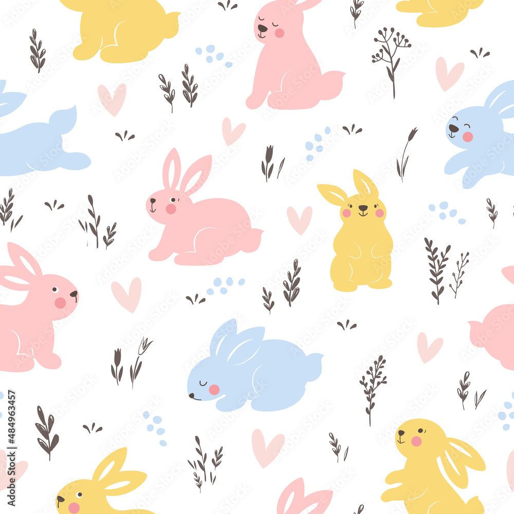 Seamless pattern with bunnies and plants in spring colors. Easter vector background. Seamless pattern with bunnies and plants in spring colors. Easter vector background.