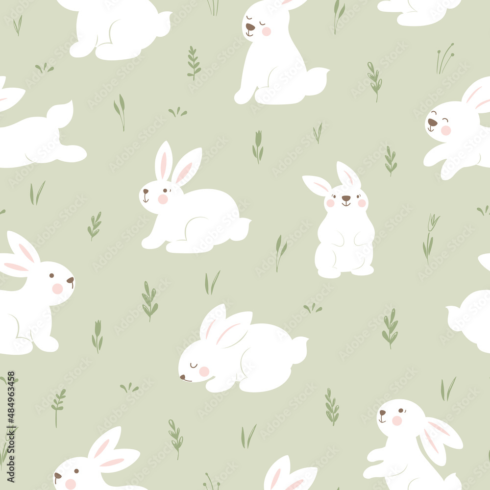 Seamless pattern with bunnies and plants on green background. Easter vector print.