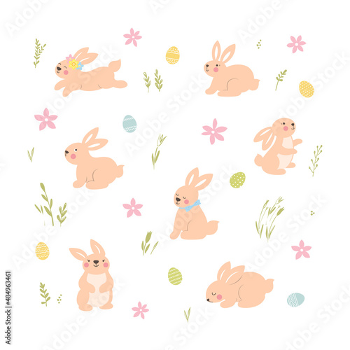 Easter bunnies. Easter eggs decorated with dots and stripes. Cute cartoon style.