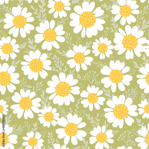 Floral seamless pattern with chamomile and leaves on green background. Spring summer floral print.