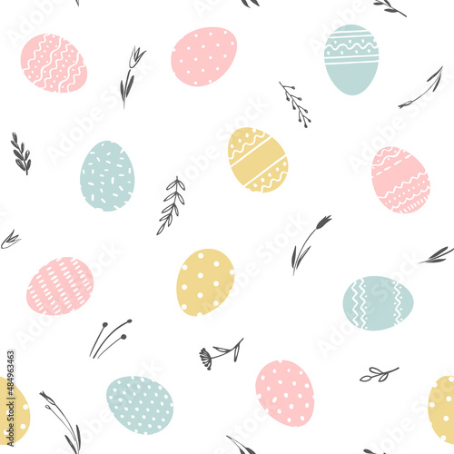 Easter seamless pattern in pastel spring colors.  Background with easter eggs and plants.