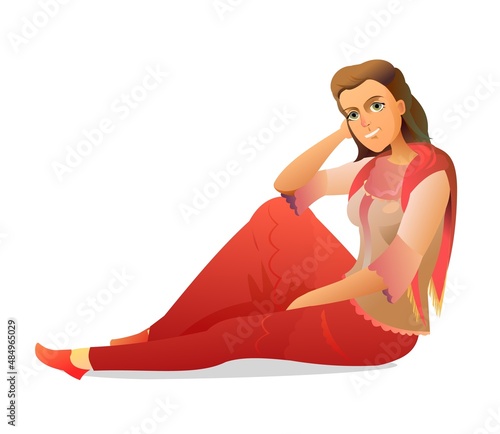 Don Cossack girl sits on floor. Russian folk clothes. Cartoon funny style illustration. Isolated on white background. Vector