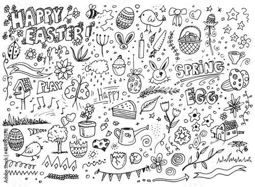 Happy easter hand drawn doodles on white paper 