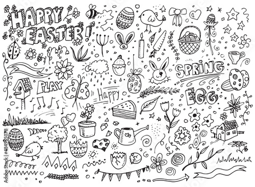 Happy easter hand drawn doodles on white paper
