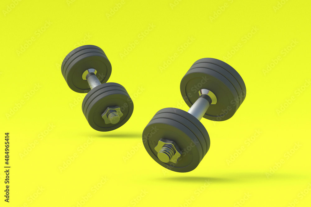 Dumbbells with heavy plates. Sports equipment. 3d render Dumbbells with heavy plates. Sports equipment. 3d render