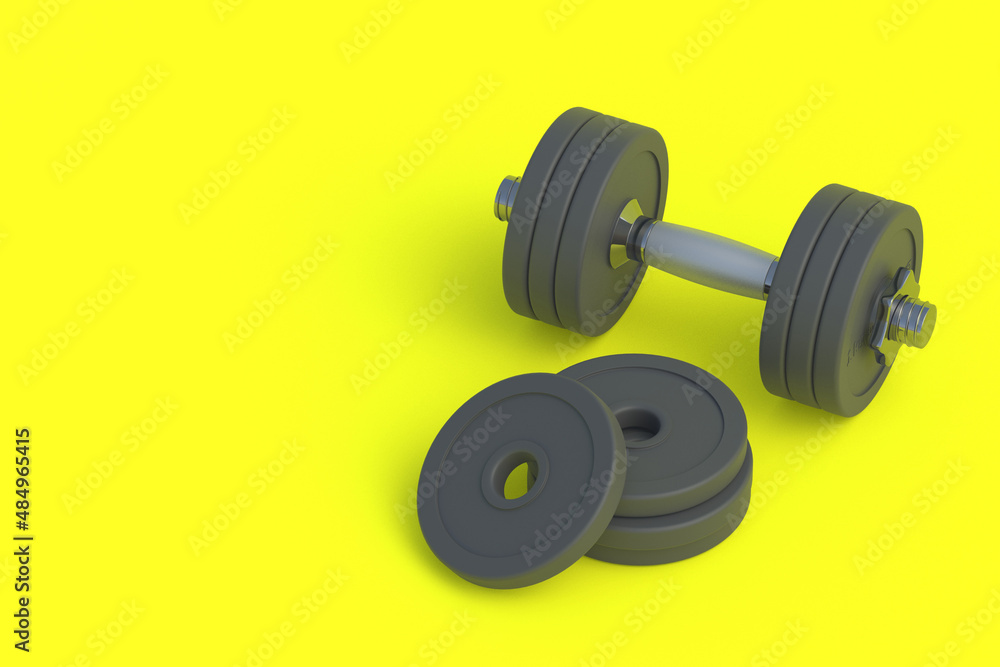 Dumbbell with heavy plates. Sports equipment. Copy space. 3d render Dumbbell with heavy plates. Sports equipment. Copy space. 3d render