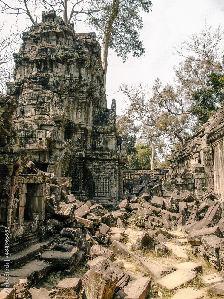 Fototapeta premium Ruins of an ancient stone temple lost in the Cambodian jungle - Ta Prohm of Angkor temples
