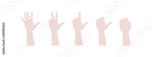 Raised hands silhouette on white background. Hands with different number of visible fingers. Vector icon.