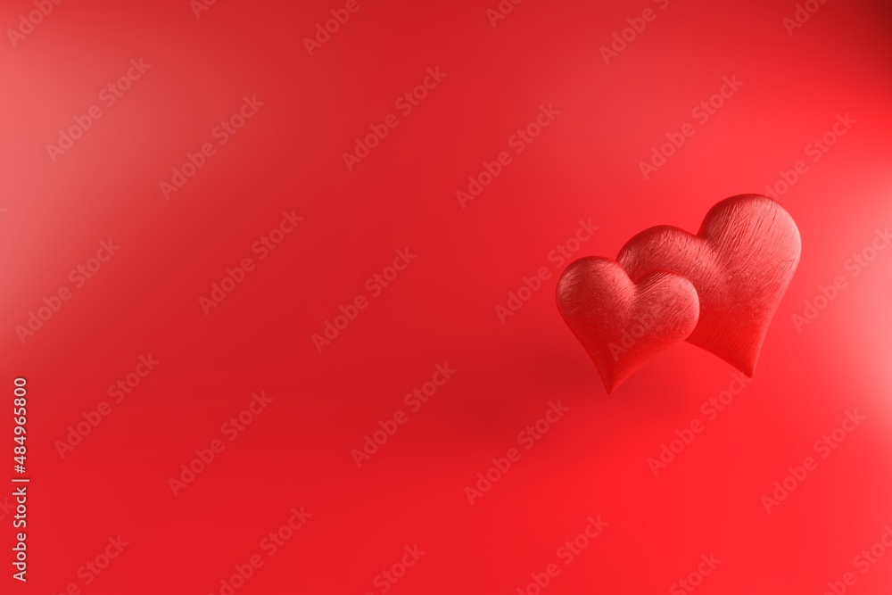 Two red hearts with a rough texture on a red background with space for text. Simple romantic card template for Valentine's Day, Women's Day or wedding. 3d render, copy space Two red hearts with a rough texture on a red background with space for text. Simple romantic card template for Valentine's Day, Women's Day or wedding. 3d render, copy space