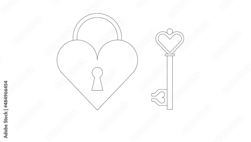 Love: heart shaped lock and key, silhouette to color and cut out for schools, parties, events. valentine's day Love: heart shaped lock and key, silhouette to color and cut out for schools, parties, events. valentine's day