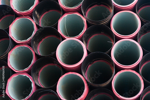 The ends of the plastic pipes. A bundle of plastic pipes end view.