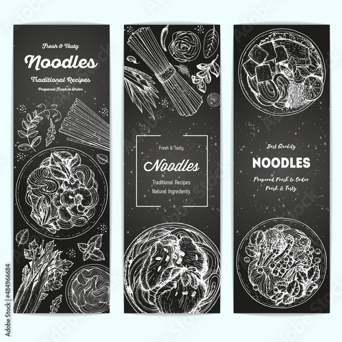 Asian food vertical banner collection. Noodle dishes set. Food menu design with cooked noodles . Vintage hand drawn sketch, vector illustration.