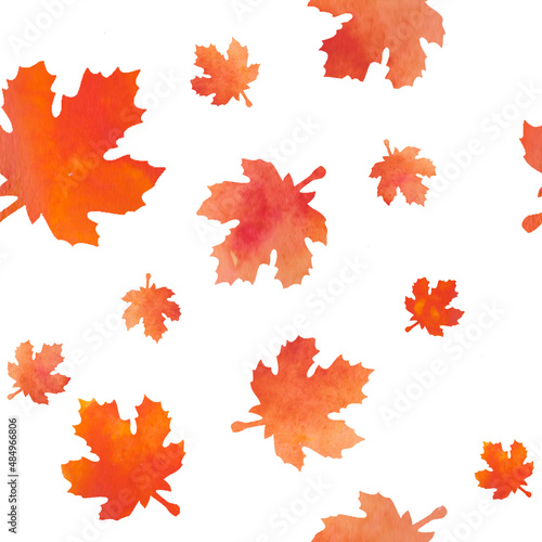 watercolor illustration  pattern with falling yellow and orange Canadian maple leaves. Background with autumn leaf fall. Natural style. For decor and design. Template for printing on paper  packaging