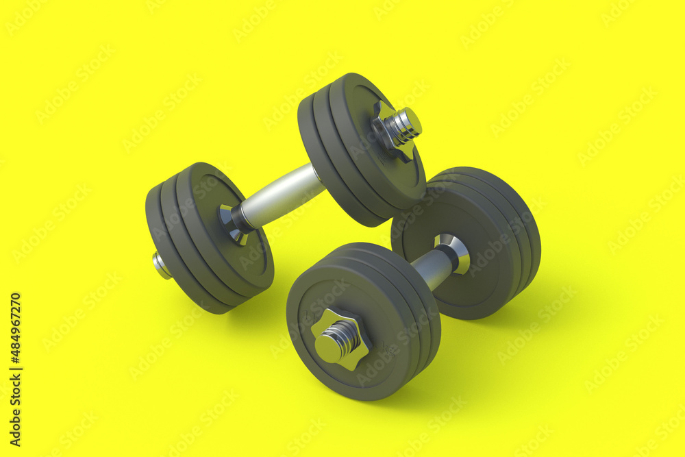 Dumbbells with heavy plates. Sports equipment. 3d render Dumbbells with heavy plates. Sports equipment. 3d render