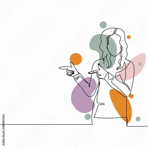 The Artists Continuous one simple single abstract line drawing of showing finger beautiful woman icon in silhouette on a white background. Linear stylized. © Yana
