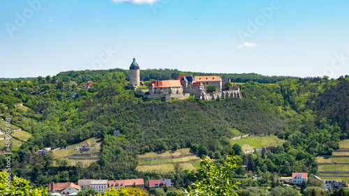 View of the historic town of Freyburg on the Unstrut river with the Neuenburg castle complex and vineyards,Germany