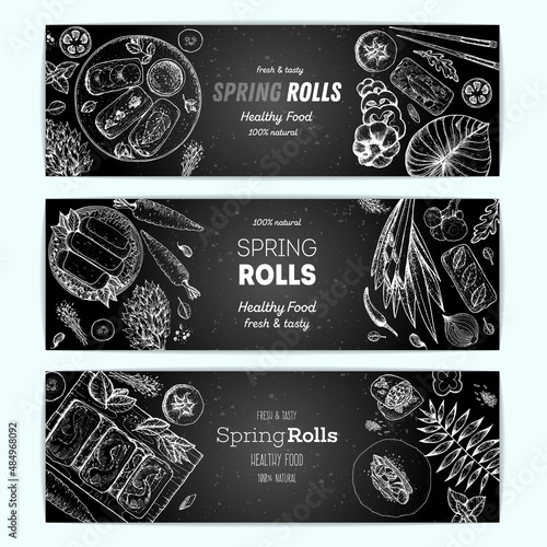 Vietnamese food banner collection. Asian food menu design template. Spring rolls and ingredients for spring rolls vector illustration. Vintage hand drawn sketch vector illustration. Engraved image.
