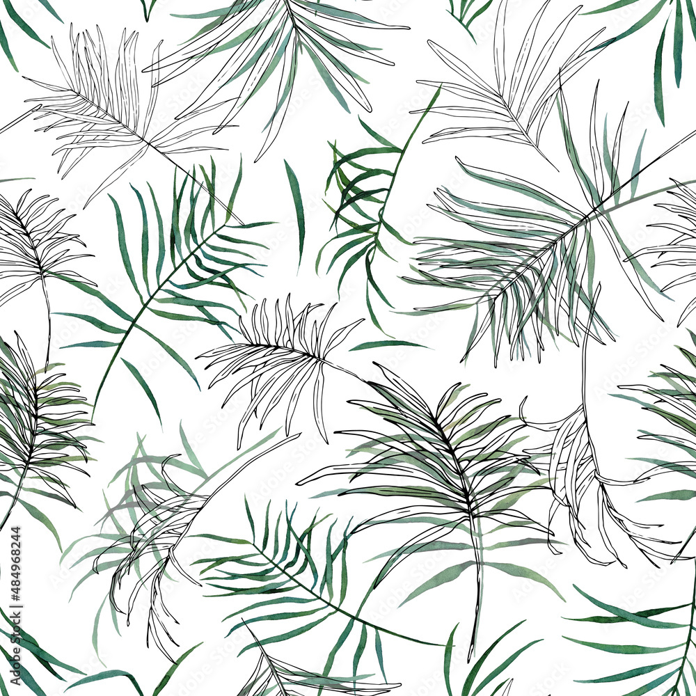 Seamless pattern with tropical leaves in mixed media: watercolor and ink. Hand-drawn floral illustration for design of fabric, textile, wrapping paper, card, package. Seamless pattern with tropical leaves in mixed media: watercolor and ink. Hand-drawn floral illustration for design of fabric, textile, wrapping paper, card, package.