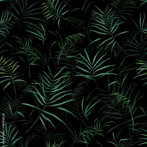 Wallpaper Mural Watercolor seamless pattern with tropical leaves isolated on black background. Hand-drawn floral template perfect for fabric, textile, wrapping paper, wallpaper, for design cards, cover. Torontodigital.ca