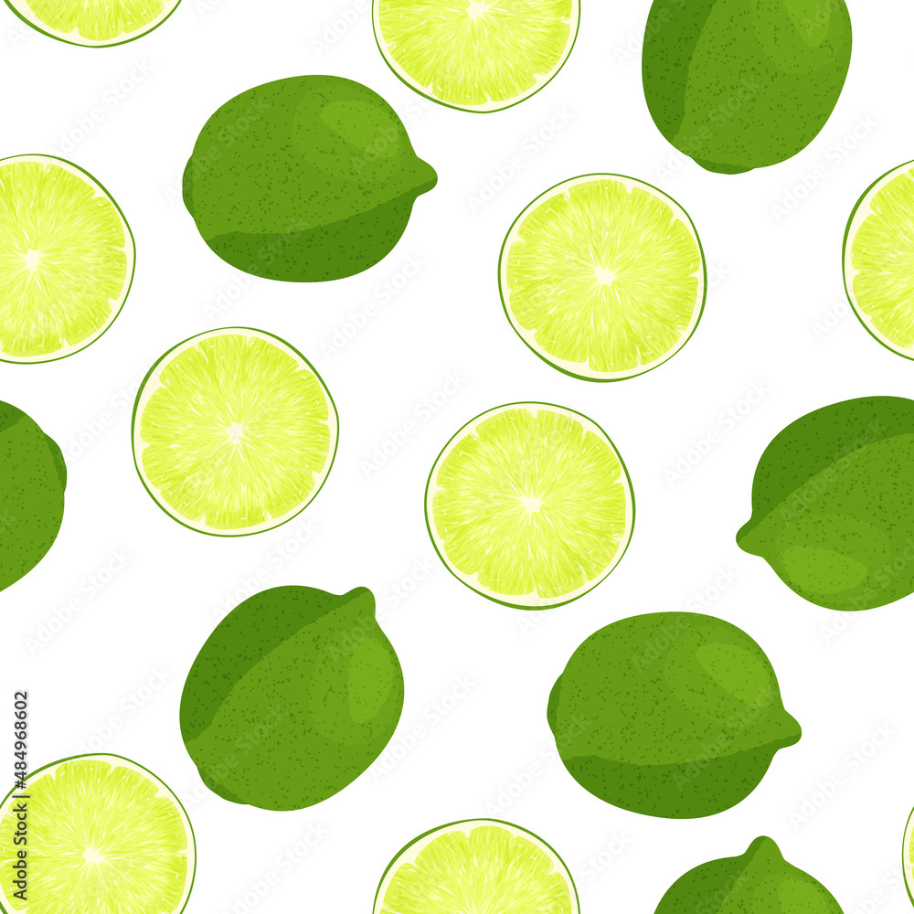 Whole lime and sliced lime with juicy splashes seamless pattern. Realistic vector illustration. Bright food background.