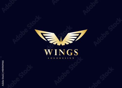 Initial Letter W with Wings Logo. Gold Wings Icon with Letter W Isolated on Blue Dark Background. Usable for Business, Branding, Animals and Community Logo. Flat Design Vector Template Element