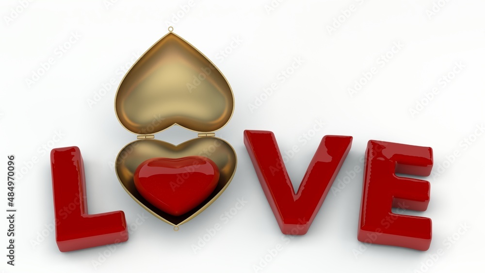 3d rendering of the text of love and a golden box with a red heart. An idea for a festive illustration for the Valentine's holiday.