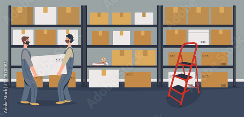Warehouse or storeroom: storekeepers or loaders in protective masks holding cargo near rack with cardboard boxes.Goods in packages, tape dispenser and folders on shelf, staircase.Vector illustration