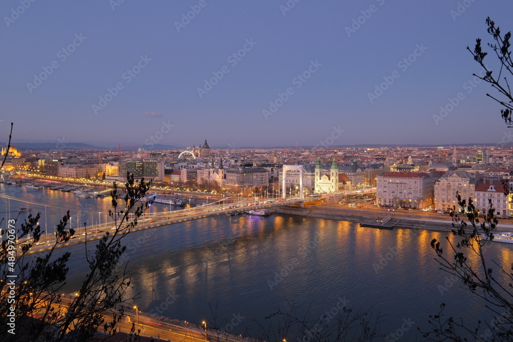 Budapest by night, view on the Danube river and the Chain Bridge
