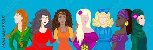 International Women's Day. Multi-Eth Women.A Group of Beautiful Women with different beauty,Hair,Skin Color.The Femininity concept, Diversity,Independence,Equality. Struggle for freedom Illustration..