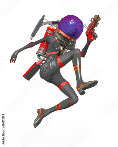 alien girl astronaut is holding a gun and jumping in action