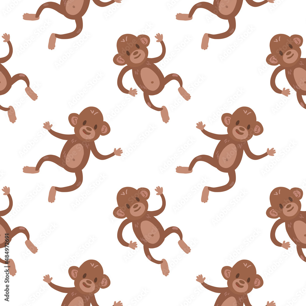 Fototapeta premium Funny brown monkeys on a white background. Simple childish vector seamless pattern.