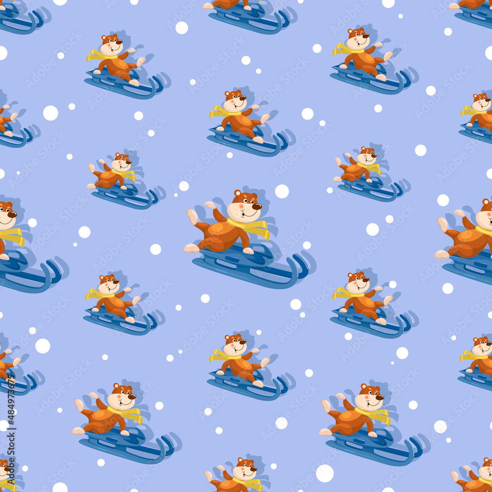 Sled sports. Cute bear sledding. Sports competitions in luge sports. Toboggan sports. Seamless pattern. Design for kids or babies textile, thematic site background. Vector illustration