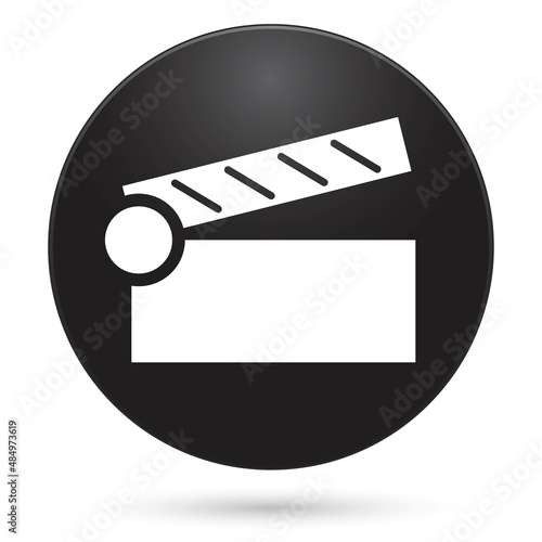 Movie clap icon, black circle button, vector illustration.