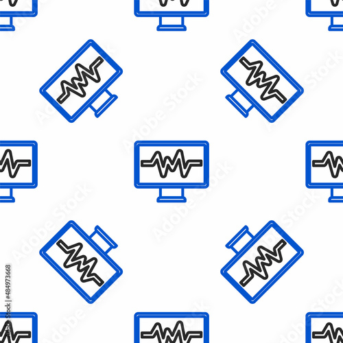 Line Computer monitor with cardiogram icon isolated seamless pattern on white background. Monitoring icon. ECG monitor with heart beat hand drawn. Colorful outline concept. Vector