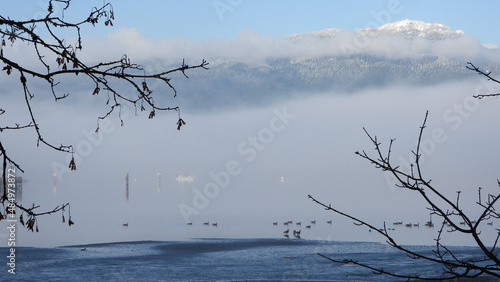 Snow-capped mountains in a foggy winter morning