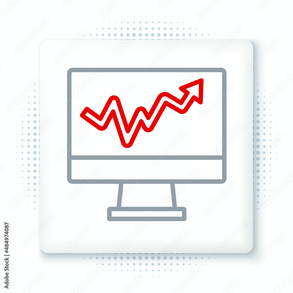 Line Computer monitor with graph chart icon isolated on white background. Report text file icon. Accounting sign. Audit, analysis, planning. Colorful outline concept. Vector