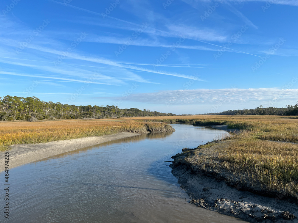The salt marsh along Clam Creek on Jekyll Island, a slow travel destination in the heart of the Georgia lowcountry.