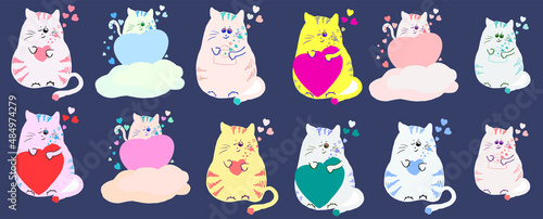 set with cute cats in love with hearts. Valentine's Day, the holiday of love