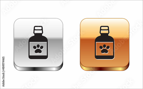 Black Dog medicine bottle icon isolated on white background. Container with pills. Prescription medicine for animal. Silver-gold square button. Vector