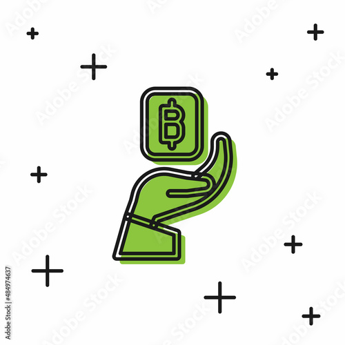 Black Hand holding Bitcoin icon isolated on white background. Blockchain technology, digital money market, cryptocoin wallet. Vector