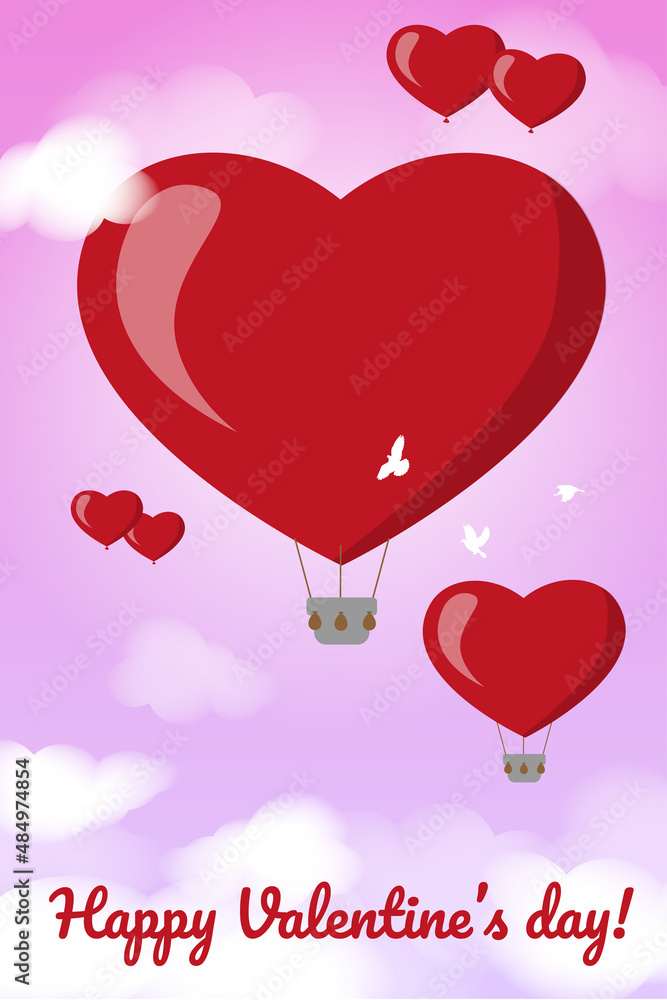 Vertical card with a heart - balloon in cloud. Vector card concept for valentine's day congratulation, declaration of love, to make a proposal for marriage. 14 february symbol card.