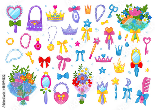 Set of accessories for beauty girl princess or fairy. Bows, crown, bouquet of flowers, beads, jewelry, perfume, cosmetics, mirror. Vector illustration in cartoon childish style. Isolated funny clipart
