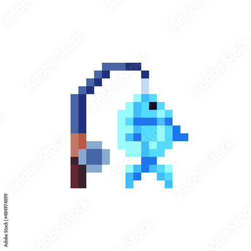 Fishing Pole. Fishing rod with blue fish logo pixel art style icon element design app, web, sticker. Isolated abstract vector illustration. Video game sprite. 